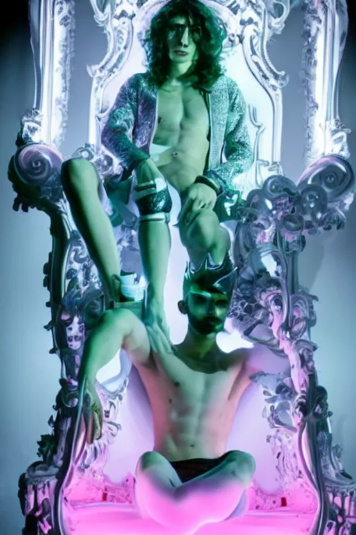 Prompt: full-body rococo and cyberpunk style neon statue of a muscular attractive Zayn Malik macho dotado e rico android sim roupa reclining con las piernas abertas e la piroca dura, glowing white lasers, glowing eyes, silver prince crown, black gears, pink diamonds, swirling orange-colored silk fabric. futuristic elements. ethereal white dripping tar. full-length view. human skulls. large pink balloon animals. intricate artwork by caravaggio. Trending on artstation, octane render, cinematic lighting from the right, hyper realism, octane render, 8k, depth of field, 3D