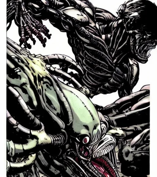 Prompt: a scene of a man face to face with a dangerous xenomorph predator alien creature, comic book art, by yoji shinkawa and takehiko inoue and kim jung gi, masterpiece, perfect