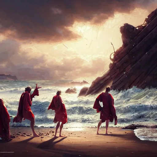 Prompt: a band of ancient heroes wearing robes washing up on a sandy shore, tattered clothing, fragments of wood, crashing waves, by greg rutkowski, heroic, soaking wet, bright sun, calm sky, dramatic, realistic, detailed, ancient, artstation, artgerm, digital painting