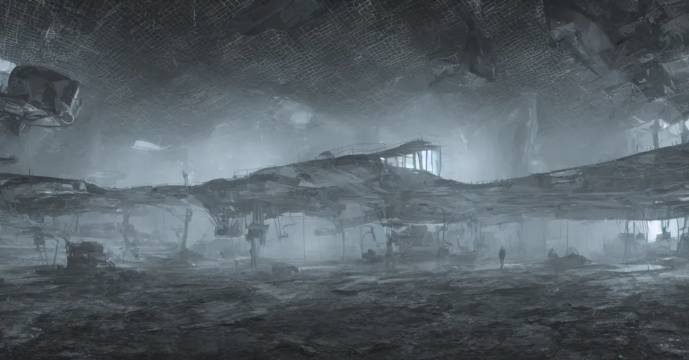 Image similar to Interior of the hall in area 55, full of alien military equipment, engineers working on flying saucers, high detail, ground fog, wet reflective ground, saturated colors, high quality render Unreal Engine