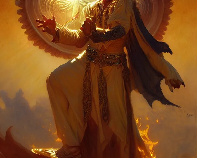 Image similar to attractive male deity, casting demonic magic, summoning handsome lucifer morning star. highly detailed painting by gaston bussiere, craig mullins, j. c. leyendecker 8 k