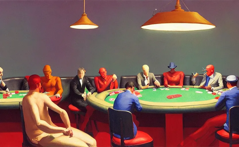 Image similar to Poker room, very coherent, painted by Edward Hopper, Wayne Barlowe, painted by James Gilleard, airbrush, art by JamesJean