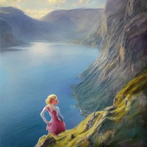 Prompt: beautiful 1950s blonde standing on top of Norwegian fjord, morning, atmospheric, dreamy, painting by Vladimir Volegov