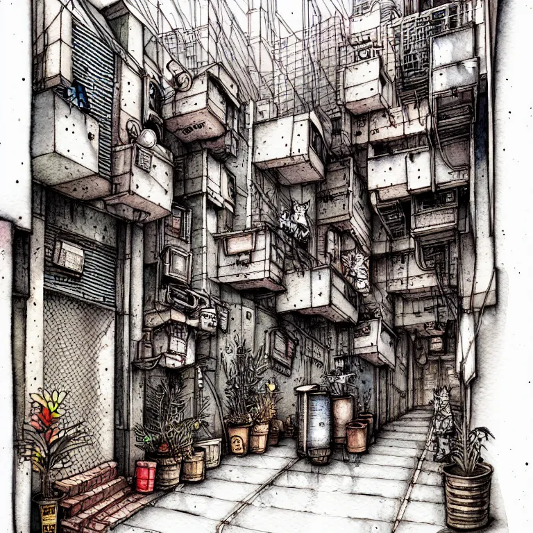 Prompt: an absurdly-detailed cyberpunk alleyway watercolor-calligraphy-pen drawing. Cats and Robots and Potted-Plants.