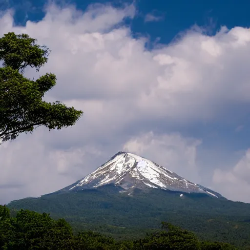 Image similar to A huge mountain with a giant tree on the top, view from far away,