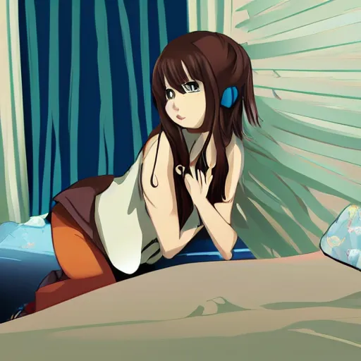 Image similar to cute art of shy beautiful anime girl watching tv inside a bedroom