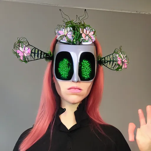 Image similar to female futuristic robot face with flower antennas
