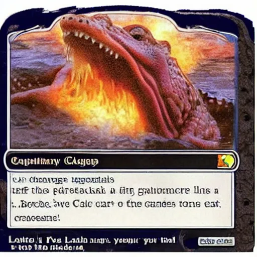 Prompt: a magic the gathering card of a crocodile eating lasagna