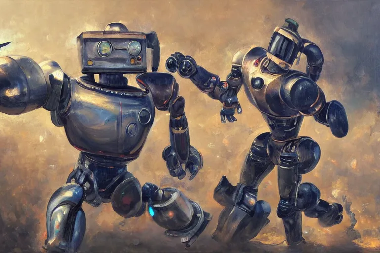 Prompt: oil painting of a robot fighting a human artist, highly detailed, 4k, trending on artstation