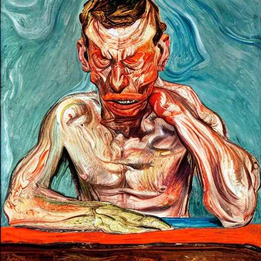 Image similar to high quality high detail expressionist painting of a man in agony by lucian freud and jenny saville edvard munch and francis bacon, hd, anxiety, seated at table, turquoise and orange