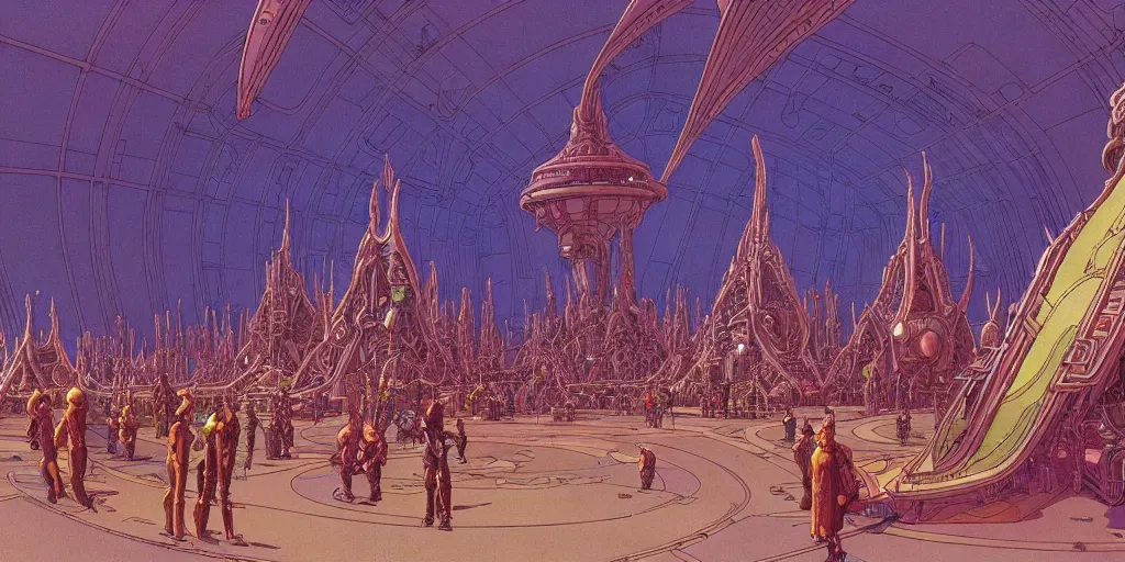 Image similar to cel shaded cinematic shot of the interior of a sci-fi space station with ornate Elven architecture bustling with people, epic castle, emerald, crystalline, detailed illustration, sharp focus, concept art by Moebius, Jean Giraud Moebius