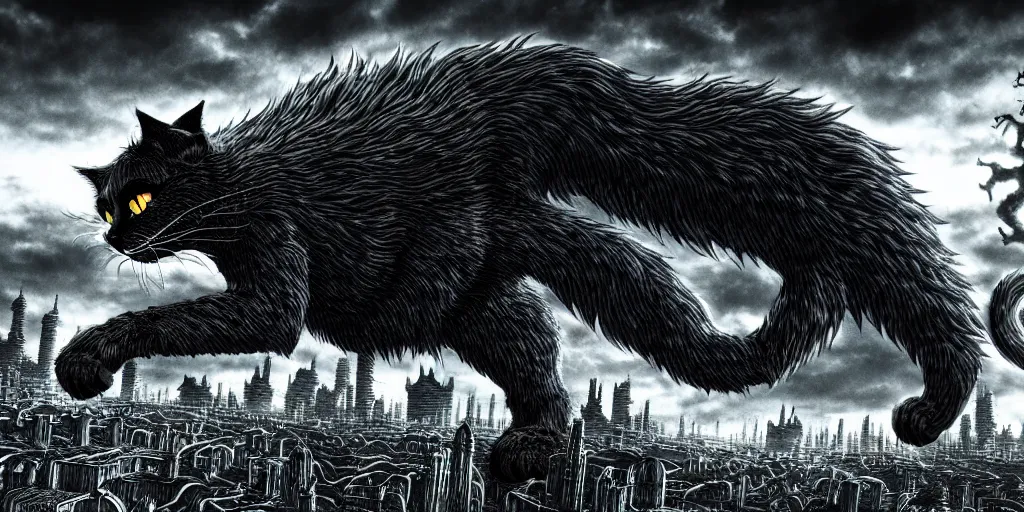 Prompt: Huge evil cat figure above a city, in the style of Kentaro Miura, Berserk, landscape, hyperdetailed, ultra quality, 4k, ultra details