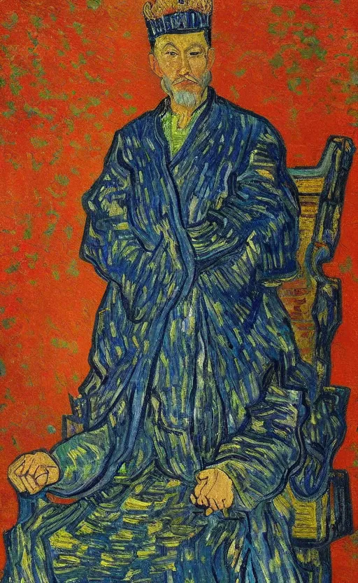 Image similar to detailed expressionist!! oil painting masterpiece portrait of an ancient emperor on his throne!! by van gogh, 8 k resolution, smooth, sharp focus, matte painting, beautiful masterpiece expressionist painting