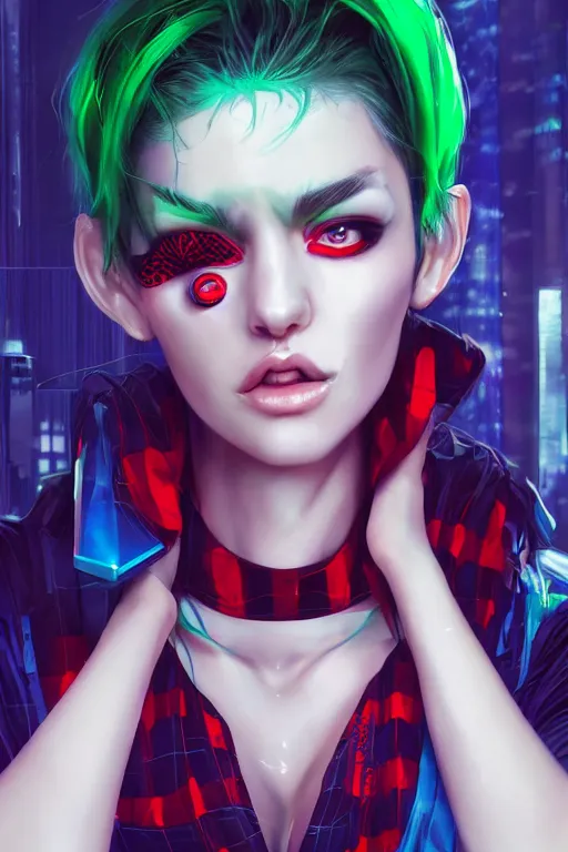 Prompt: cyberpunk woman with green hair wearing futuristic clothes and a red plaid miniskirt, beautiful face, by wlop, by artgerm, by yoshitaka amano, digital art, matte art, octane render, lineart, pop art, character art