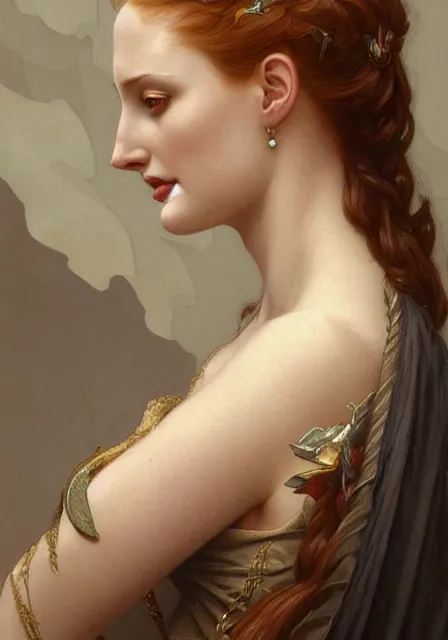 Image similar to sansa angeline jolie gessica chastain, intricate, elegant, highly detailed, digital painting, artstation, concept art, smooth, sharp focus, illustration, art by artgerm and greg rutkowski and alphonse mucha and william - adolphe bouguereau