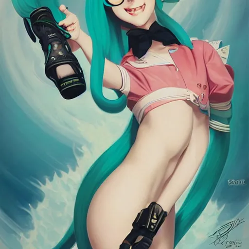 Prompt: Hatsune Miku pin-up poster by Gil Elvgren and Daniela Uhlig