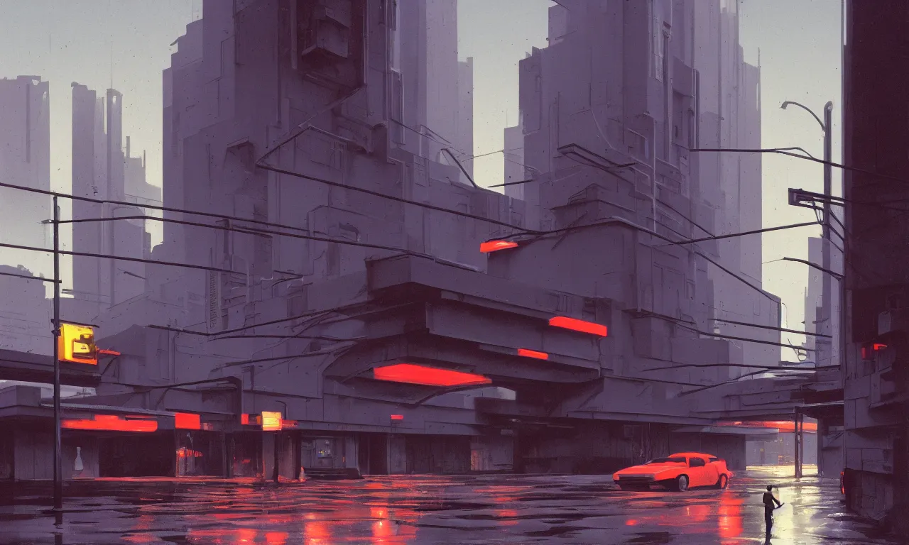 Image similar to streetscape, brutalist buildings, metal, concrete, wet streets, neon lights, neon signs, vehicles, pedestrians, syd mead, ralph mcquarrie, doug chiang, concept art, matte painting, finely detailed, minimal artifacts, rule of thirds, dynamic lighting, cinematic, denoised, centered, artstation