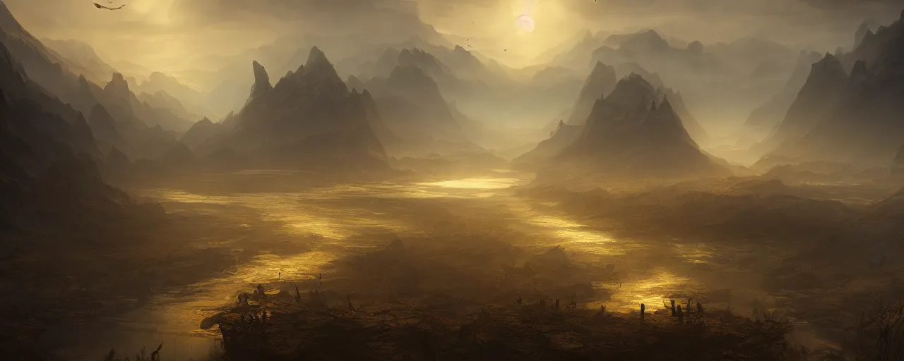 Prompt: a dark and golden landscape, with golden rivers and mystical birds that fly along, very detailed concept art, matte painting, digital art, concept art, realistic beautiful, trending on Artstation, Greg Rutkowski