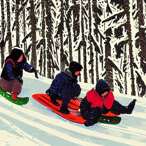 Image similar to Pogg and Yuurei sledding in Canada, 4k, sharp focus,woodcut art, greg rutkowski