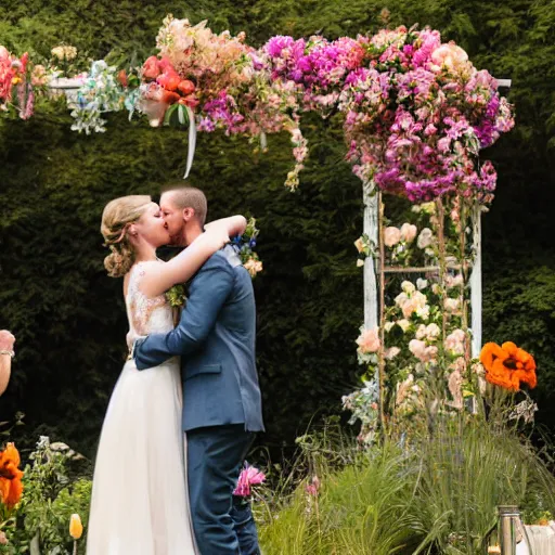 Prompt: the groom kisses the bride at a wedding full of flowers, bright and happy, art, highly detail, 4 k realistic, wedding photo, louise dahl - wolfe, andrea kowch, sophie anderson, lilia alvarado