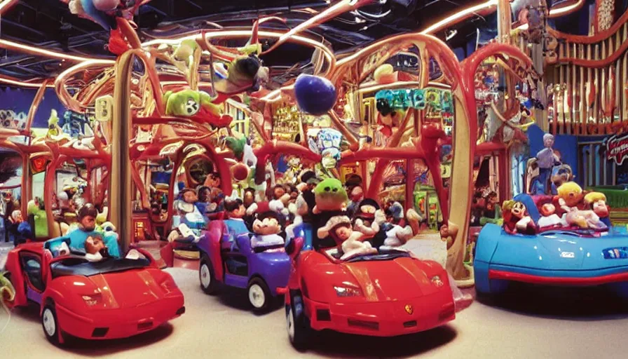 Prompt: 1990s photo of inside the Beanie Baby ride at Universal Studios in Orlando, Florida, children riding in Lamborghini through Beanie Baby Masion, cinematic, UHD