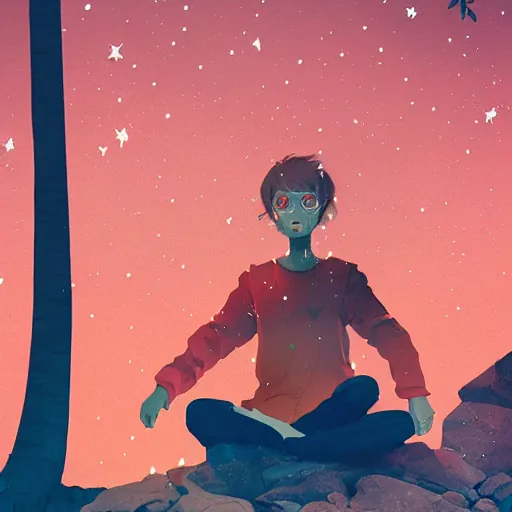 Image similar to woman sitting next to a campfire, cozy, night sky, digital art, highly detailed face, by conrad roset, by wlop, anime style, octane render