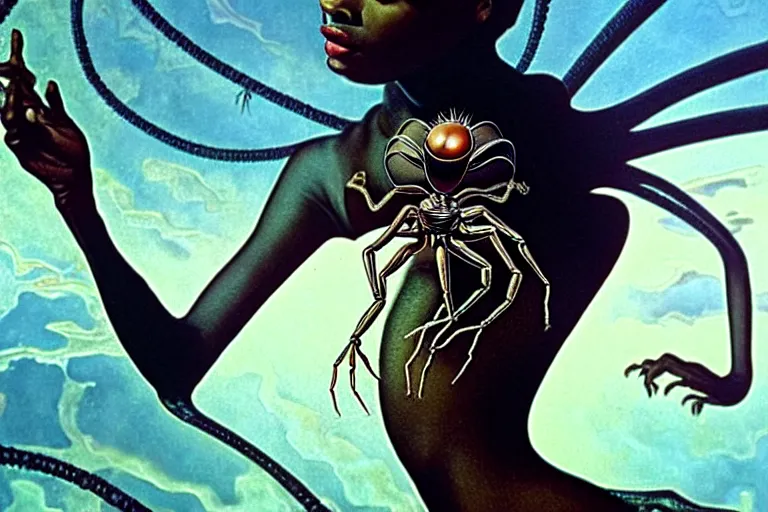 Image similar to realistic detailed closeup portrait movie shot of a beautiful black woman dancing with a giant spider, futuristic sci fi landscape background by denis villeneuve, jean deville, amano, yves tanguy, ernst haeckel, alphonse mucha, max ernst, caravaggio, roger dean, sci - fi necklace, fashion, masterpiece, rich moody colours