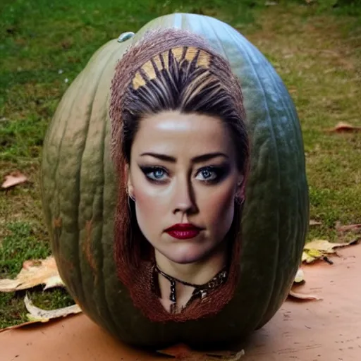 Image similar to a [ gourd ] carved shaped to look like ( amber heard face ) hybrid intercross