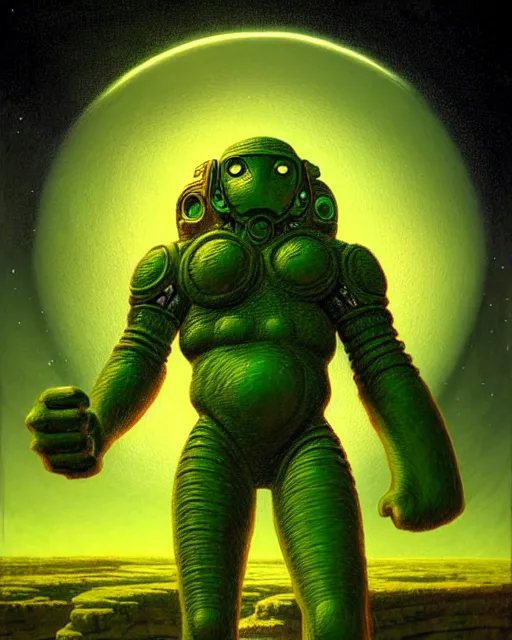 Image similar to portrait giant green humanoid with his fist up, brown armor, background ancient alien landscape, low angle, close up, concept art, intricate details, highly detailed, sci - fi poster, future, sci - fi art, in the style of chris foss, rodger dean, moebius, michael whelan, and gustave dore