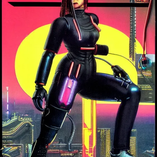 Image similar to cable plugged into cyberdeck, right temple, cyberpunk woman, computer, 1 9 7 9 omni magazine cover, style by vincent di fate, cyberpunk 2 0 2 0