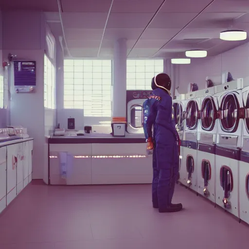 Image similar to a beautiful photo of an astronaut waiting in a laundromat, soft light, morning light, photorealistic, realistic, octane, 8k, cinematic shot