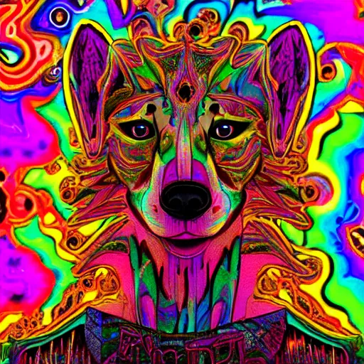 Image similar to a dingo who is a psychedelic music DJ. He has a house for a body. There are candles all around. He is tripping on LSD. Light is reminiscent of a foul smell. Cinematic. Word salad, realistic, detailed.