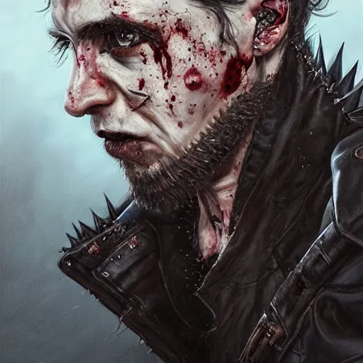 Image similar to portrait painting of a sneering biker with pale skin and spiky hair and a patchy beard and blood stains on his mouth, sharp focus, ultra realistic, concept art, intricate details, eerie, highly detailed, photorealistic, octane render, 8 k, unreal engine. art by artgerm and charlie bowater and greg rutkowski