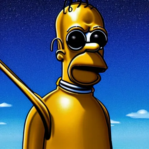 Prompt: full body portrait of Homer Simpson as real C3PO, background blue sky puffy clouds cinematic 4k