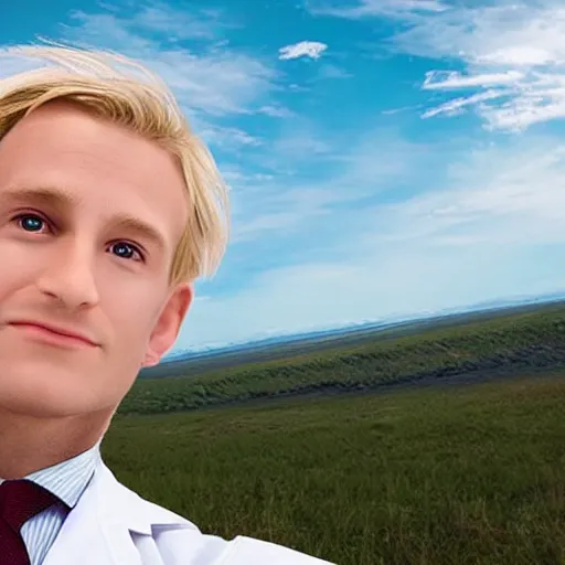 Image similar to blond doctor jumping out of a helicopter, his hair waving in the wind