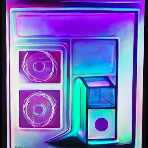 Image similar to a painting by Wayne Thiebaud of an RGB gaming pc!!!!!!!!!, cooling, high specs, ethereal!!!!!!!, by Wayne Thiebaud, neon gradient,