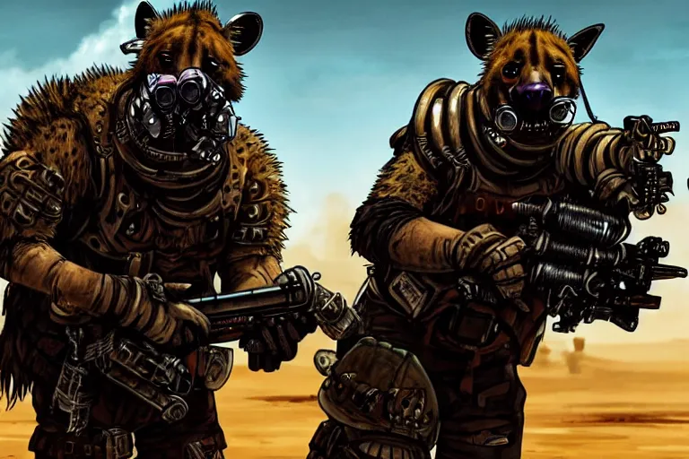 Image similar to a good ol'hyena fursona ( from the furry fandom ), heavily armed and armored facing down armageddon in a dark and gritty version from the makers of mad max : fury road. witness me.