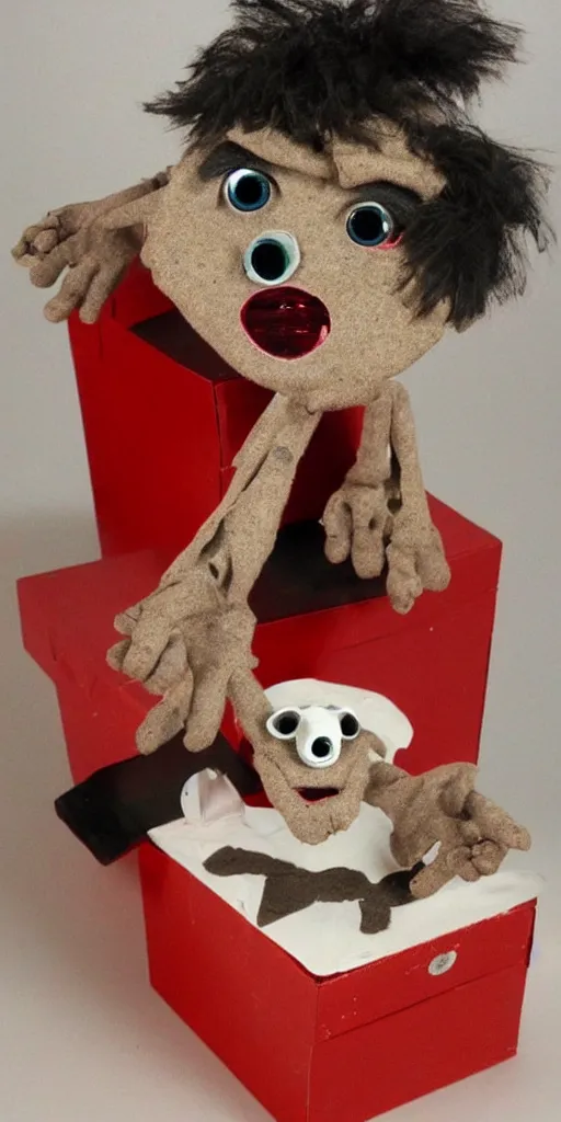 Prompt: a cute and creepy dusty puppet with glowing red eyes coming out of a shoe box full of scraps