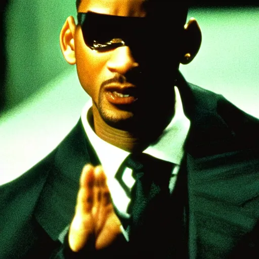 Image similar to !dream Will Smith as Neo in The Matrix (1999), dramatic lighting, cinematic, hyperrealistic