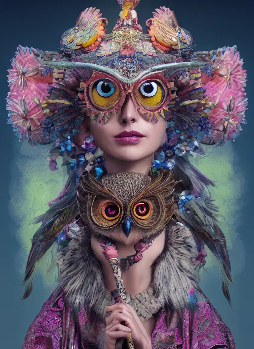 Image similar to an anthropomorphic beautiful goddess female wizard made of owl portrait holding a staff wearing colourful robe, fine art, award winning, intricate, elegant, sharp focus, octane render, hyperrealistic, cinematic lighting, highly detailed, digital painting, 8 k concept art, art by jamie hewlett and z. w. gu, masterpiece, trending on artstation, 8 k