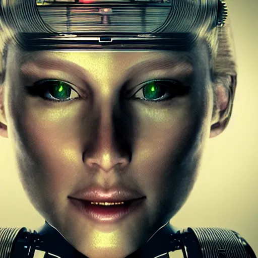 Image similar to panorama of a very pretty blond borg queen on a borg ship, cybernetic implants, perfect face, symmetrical face, moody lighting, shallow depth of field,