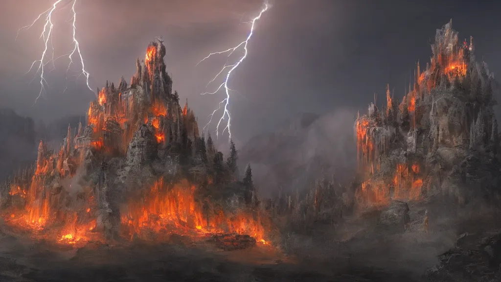 Prompt: evil wizard temple sitting on a cliff near snowy mountains with fire and smoke burining in the background, lightning strikes, volumetric lightning by eugene von guerard, ivan shishkin, dramatic lighting, concept art, trending on artstation, 8 k