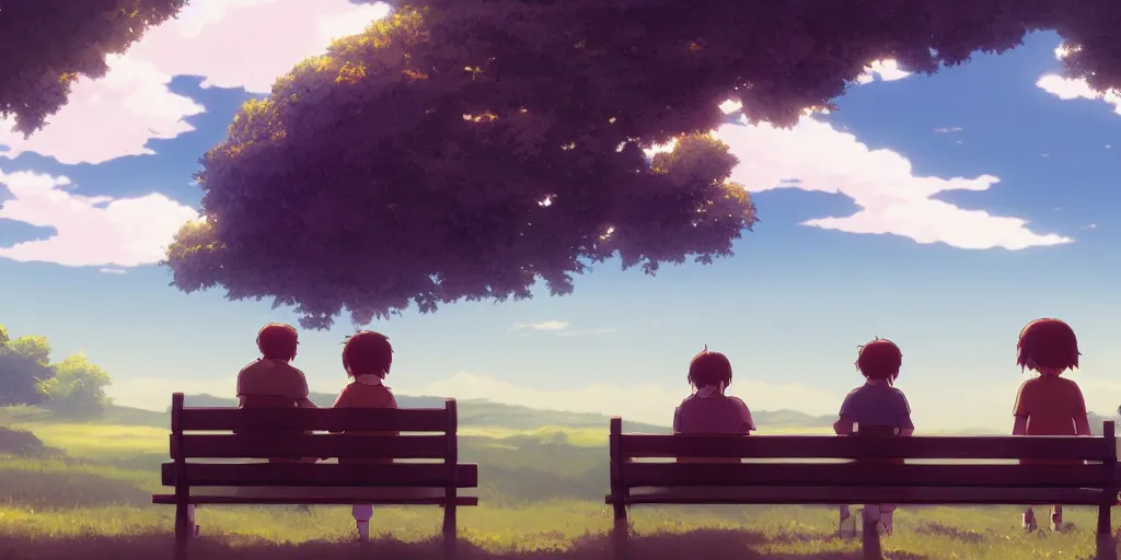 Image similar to animation key shot, a family with sorrow faces sitting on a bench, dramatic sky, close up shot, studio Ghibli, Pixar and Disney animation, sharp, Rendered Unreal Engine 5, film key art, Greg Rutkowski, Bloom, dramatic lighting