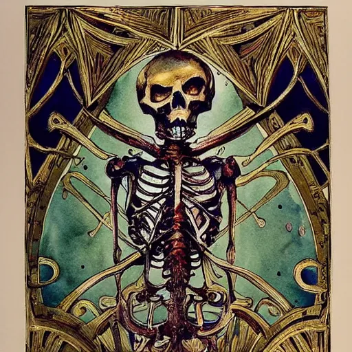 Image similar to Picture of an ornate and extravagant glowing skeleton. Lithograph with watercolor hand colored, gilded trim.