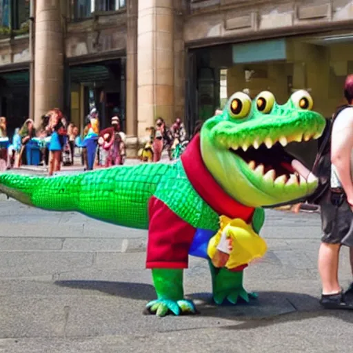 Image similar to a crocodile dressed as a tourist, pixar movie still