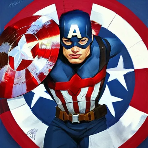 Image similar to greg manchess portrait painting of captain america as overwatch character, totally whack, medium shot, asymmetrical, profile picture, organic painting, sunny day, matte painting, bold shapes, hard edges, street art, trending on artstation, by huang guangjian and gil elvgren and sachin teng