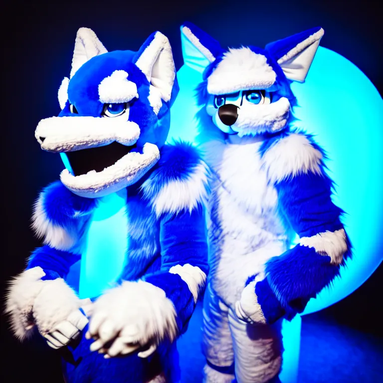 Image similar to photo of a fursuiter ( spherical dragon ) ( blue + white fur ) posing | | fullbody fursuiter photoshoot, photo portrait of a cute roguish male furry fursuiter ( tail attached ), key visual, warm lighting, hd, taken at anthrocon ( furry convention ), 1 6 k