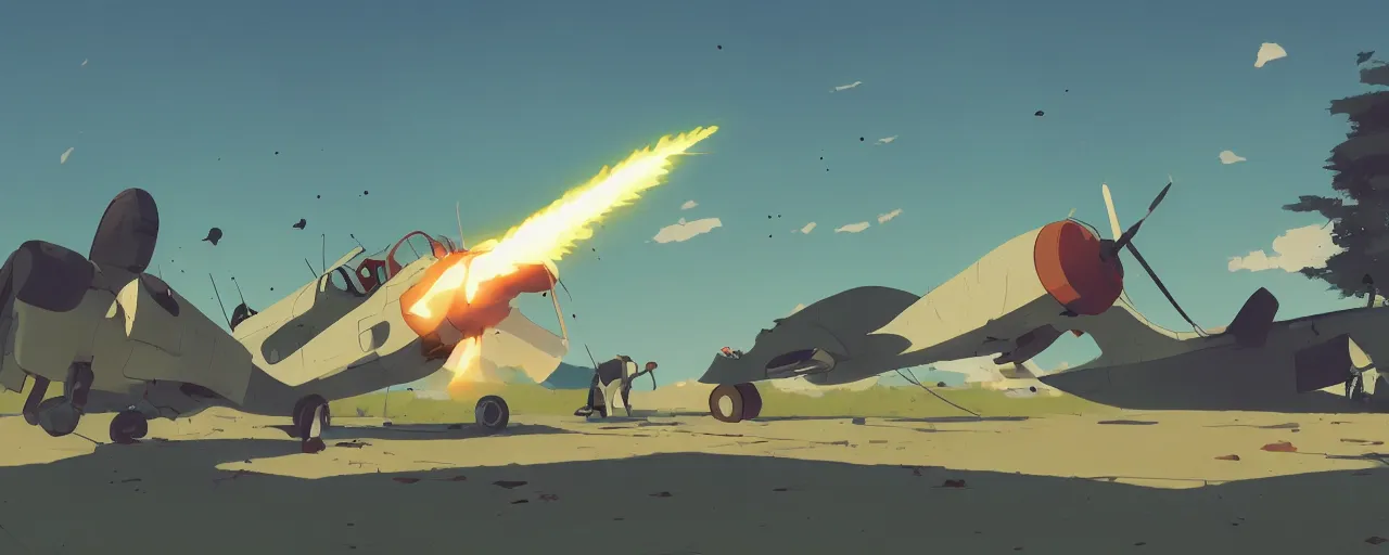 Prompt: japanese zero plane crashing into the ground, atey ghailan, goro fujita, studio ghibli, rim light, stark very bright lighting, clear focus, very coherent