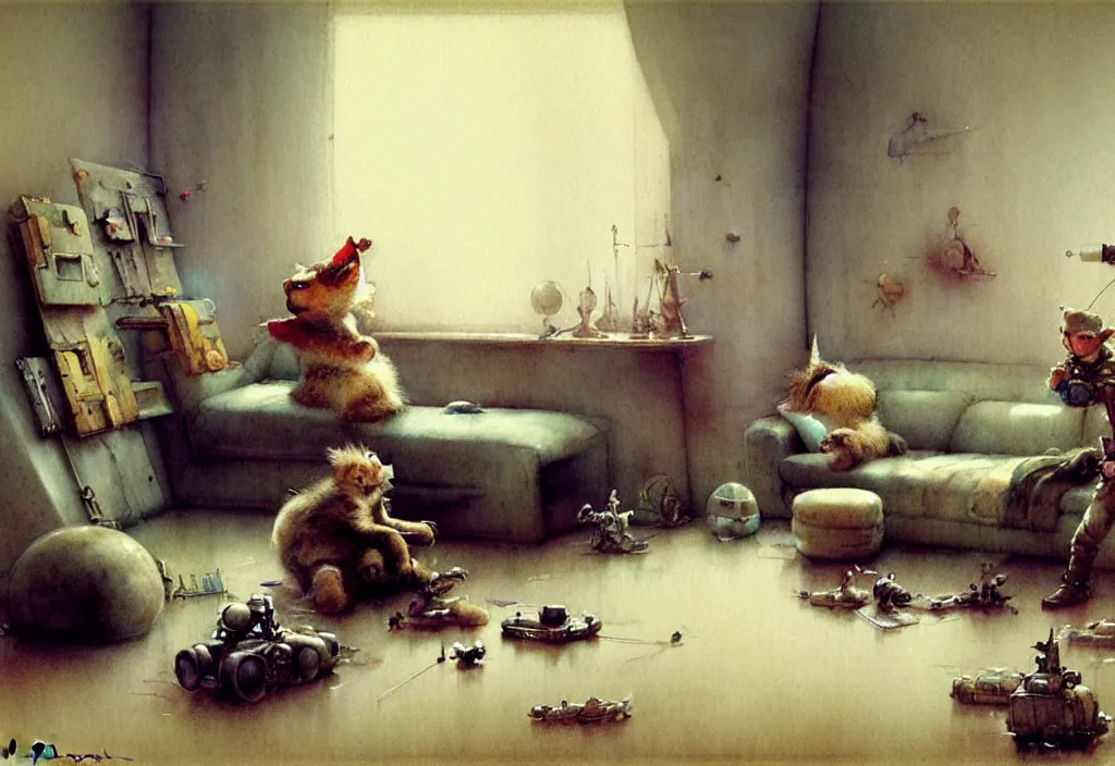 Image similar to adventurer ( ( ( ( ( 1 9 5 0 retro futuristic minimalistic living room. muted colors. toys laying around ) ) ) ) ) by jean baptiste monge