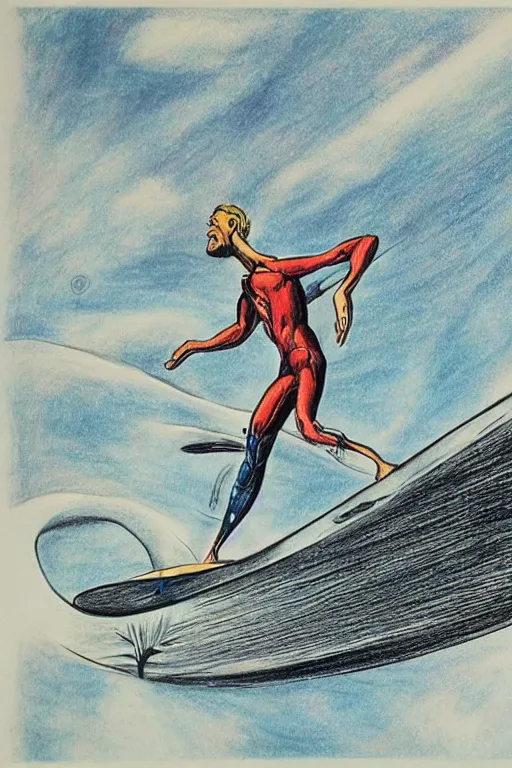 Prompt: a drawing of a man on a surfboard in the air, a comic book panel by dali, unsplash, retrofuturism, soviet propaganda, concert poster, poster art